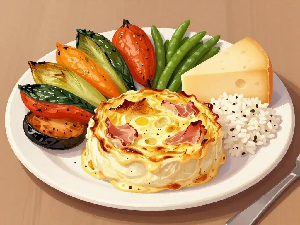 accompagnement endive jambon avec légumes, féculents et fromage en assiette équilibrée