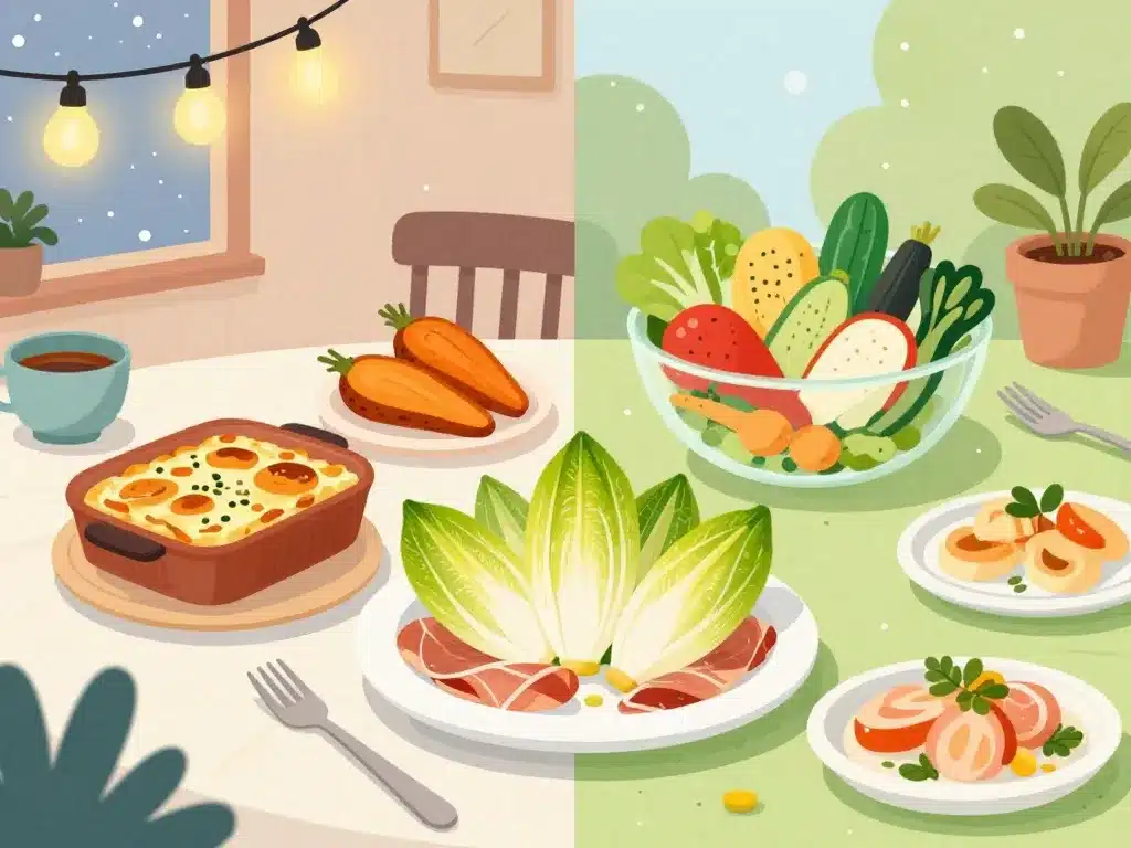 accompagnement endive jambon selon la saison, hiver et été sur la même image