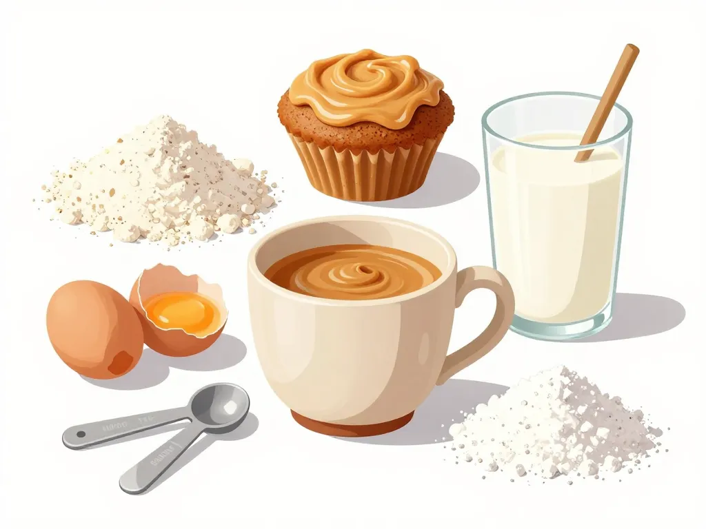 ingrédients mug cake beurre de cacahuete autour d'un mug