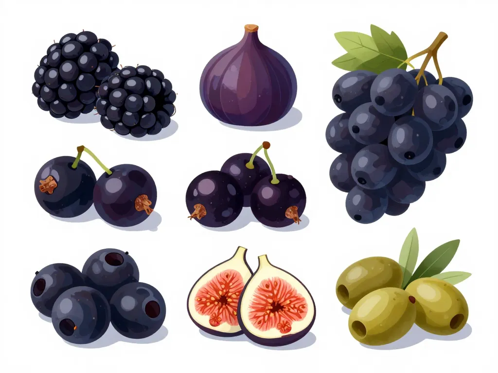 groupe différents fruits noirs sur fond blanc