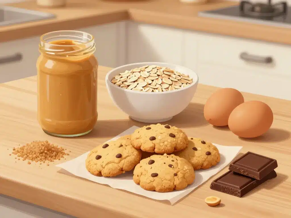 ingredients et cookies healthy beurre de cacahuete sur plan de travail