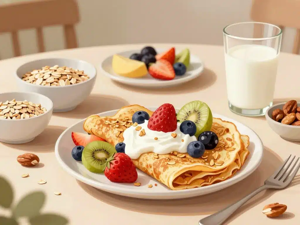 Petit-déjeuner avec crêpe au son d'avoine et fruits