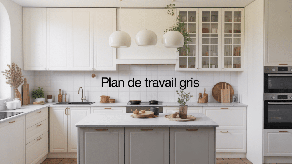 Cuisine blanche plan de travail gris, illustration lumineuse et accueillante