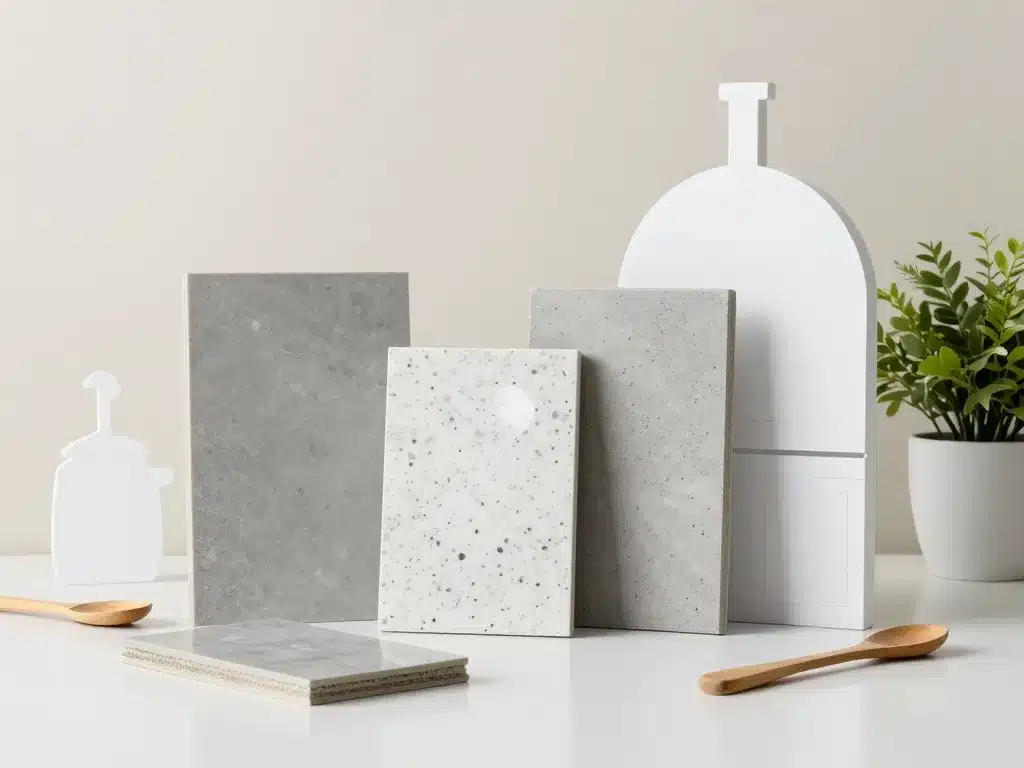 Cuisine blanche plan de travail gris, matériaux stratifié quartz béton