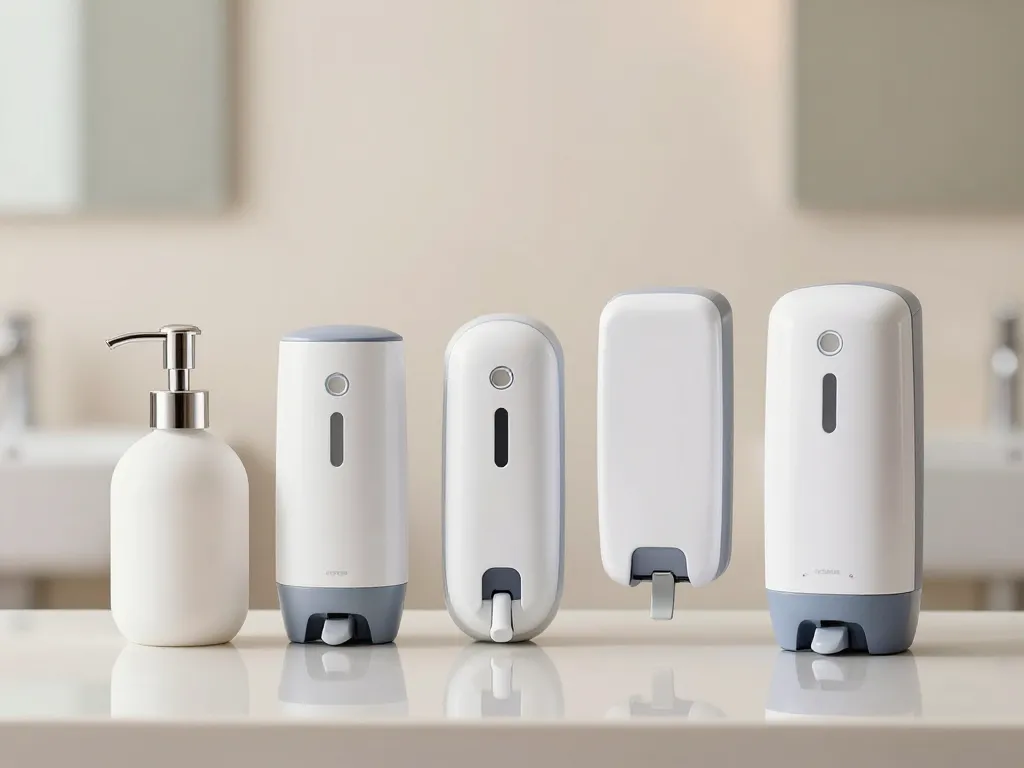 Quatre distributeurs de savon côte à côte pour comparaison