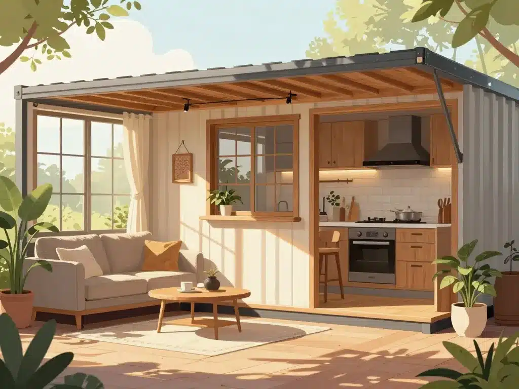Intérieur maison container chaleureux avec bois et lumière naturelle