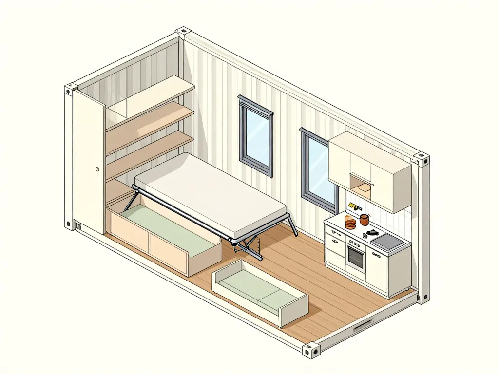 Schéma optimisation espace intérieur maison container
