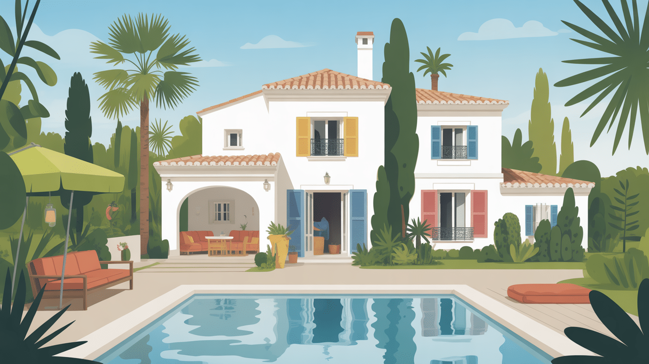 Illustration villa avec patio palmiers piscine maisons espagnoles