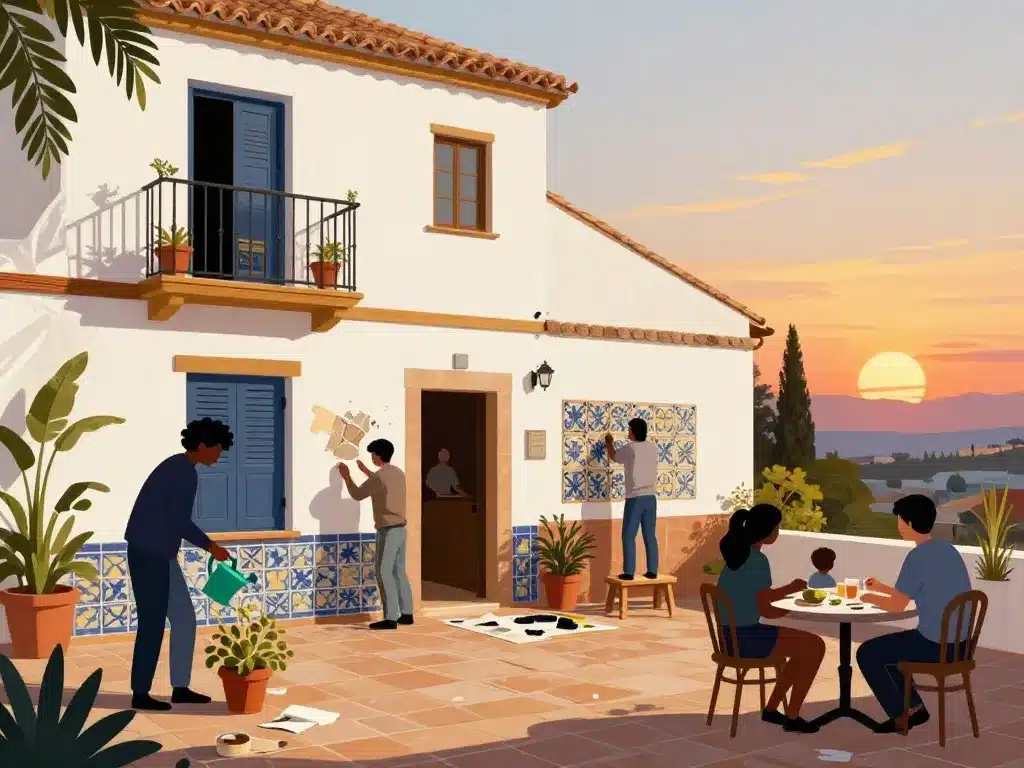 Scène vie et rénovation maisons espagnoles famille artisans