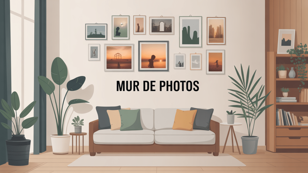 mur de photos sur mur salon moderne