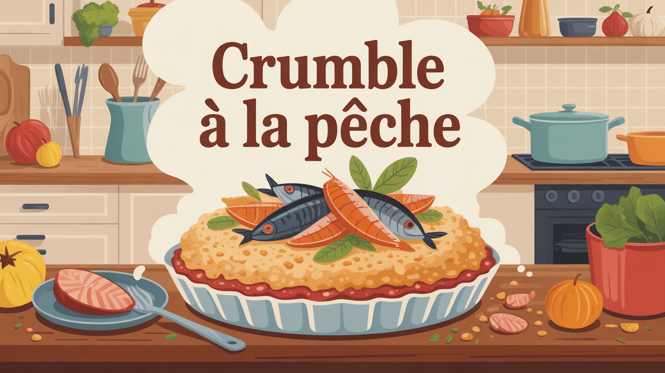 recette crumble à la pêche plat doré sortant du four