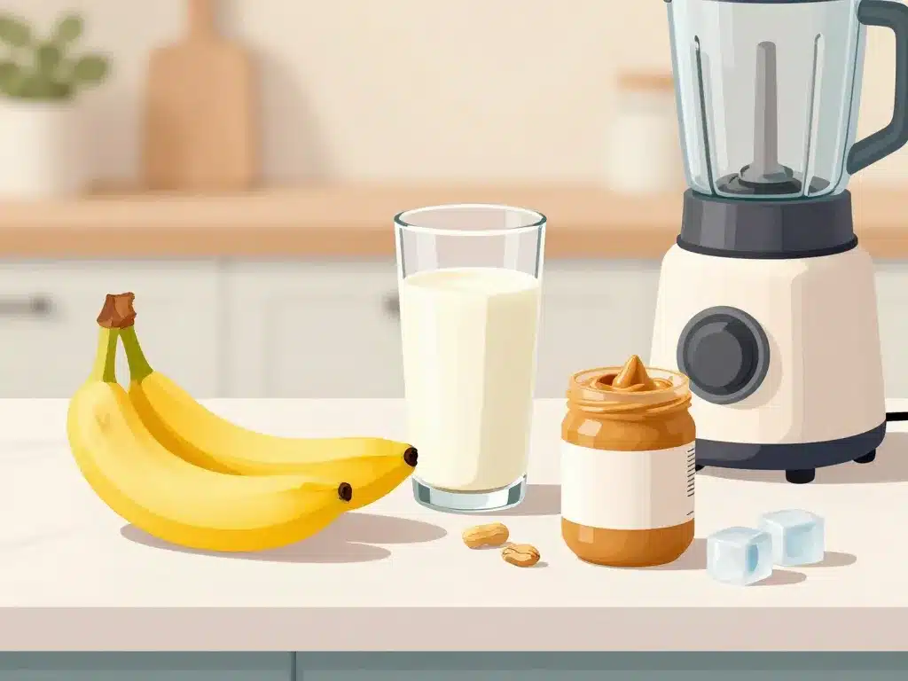 ingredients smoothie banane beurre de cacahuete sur un plan de travail