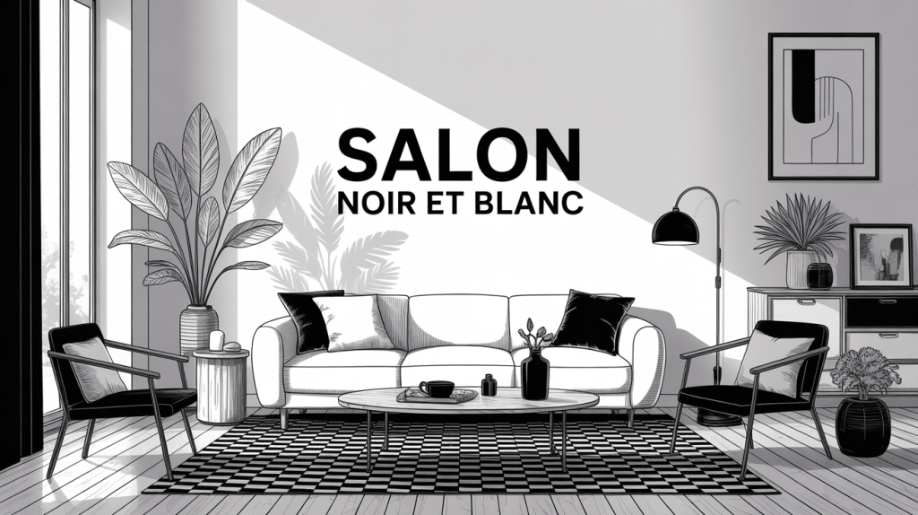 illustration salon noir et blanc moderne