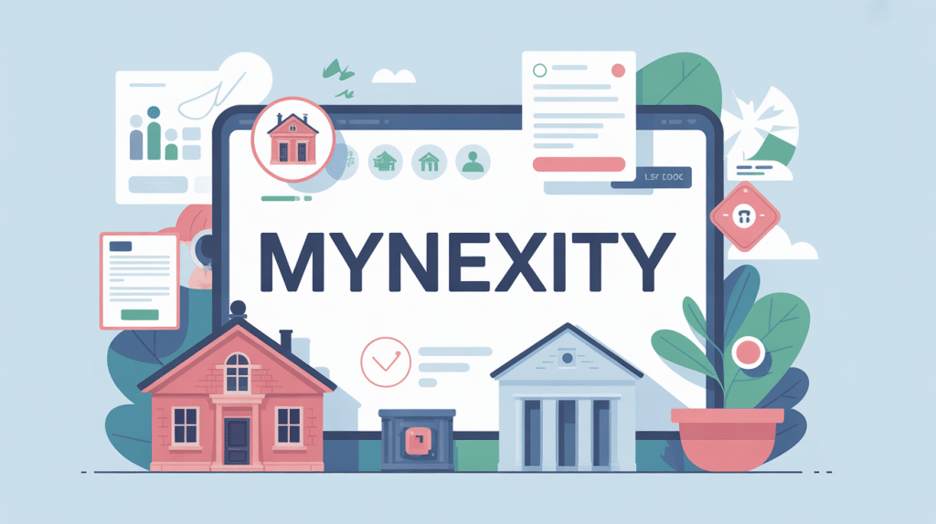 Tableau de bord digital mynexity avec icônes immobiliers