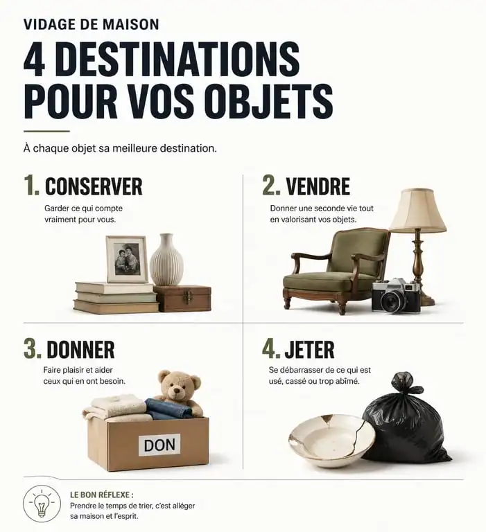 Infographie des étapes de tri pour vider une maison après un départ en maison de retraite