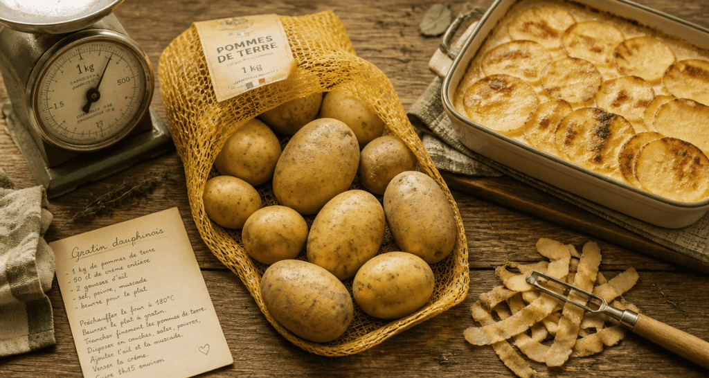 1 kg de pommes de terre, filet ouvert et gratin dauphinois