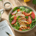 aliments brûle graisse sur table avec salade poulet pamplemousse