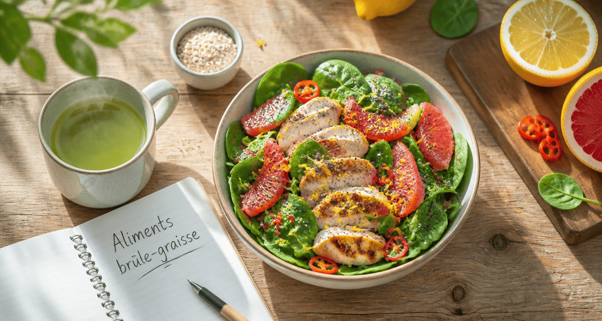 aliments brûle graisse sur table avec salade poulet pamplemousse