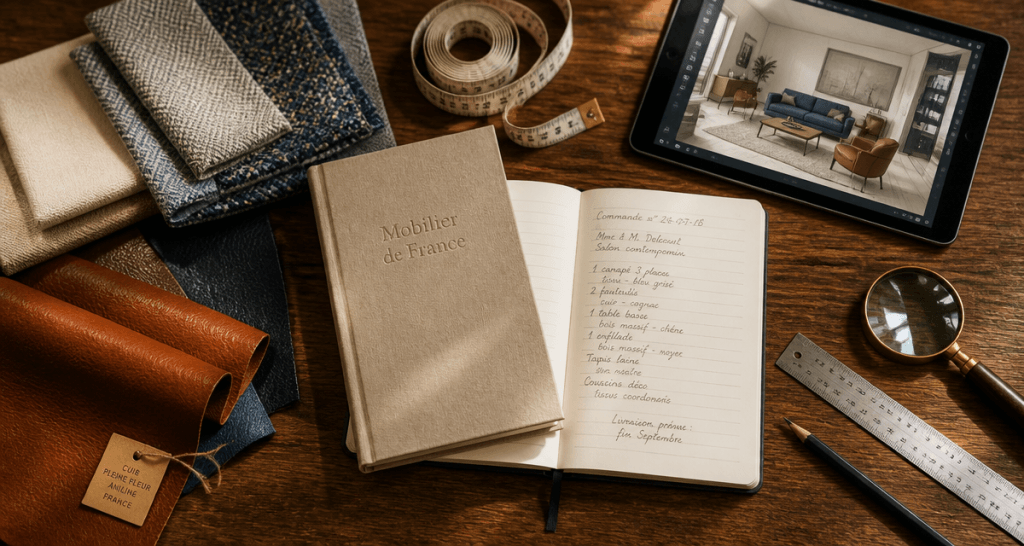 avis sur mobilier de france carnet et échantillons sur table