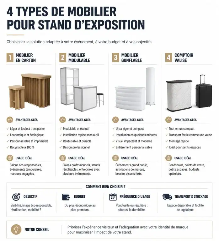 Infographie comparative des types de mobilier pour stand exposition