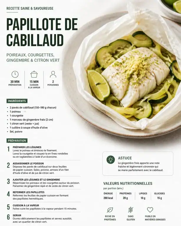 Papillote de cabillaud au gingembre et citron vert pour maigrir du ventre