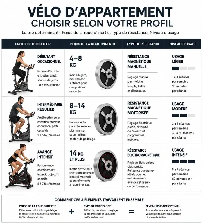 Infographie comparative des critères techniques pour choisir le meilleur vélo d appartement selon le profil utilisateur