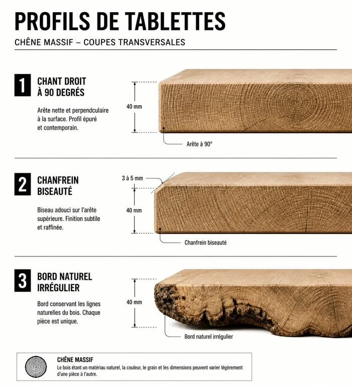 Comparatif des types de finitions de chants pour une tablette bar en chêne massif : chant droit, chanfrein et bord naturel.