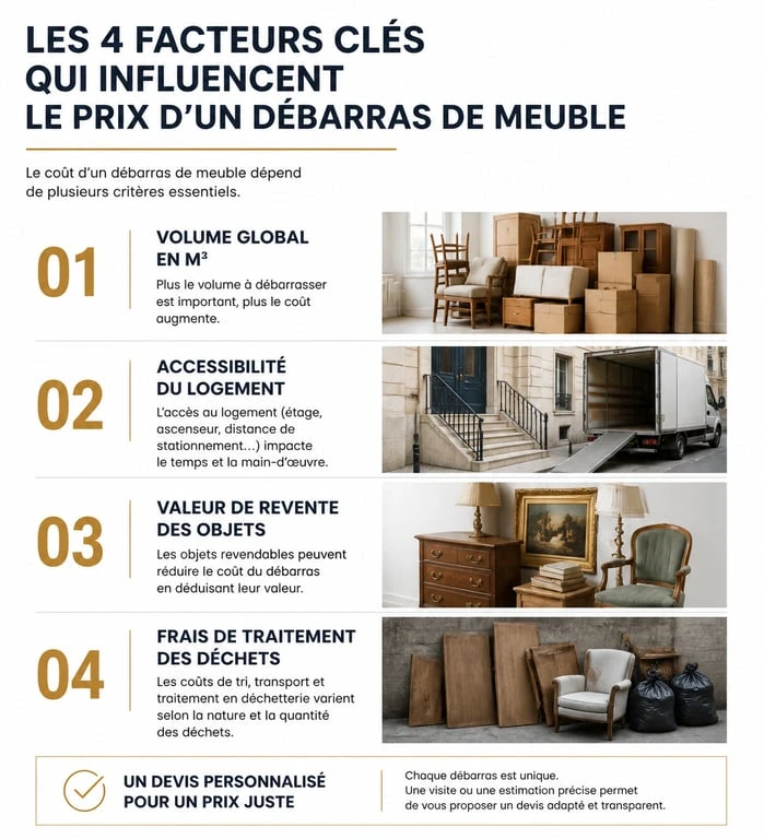 Infographie des facteurs influençant le prix d'un débarras de meuble