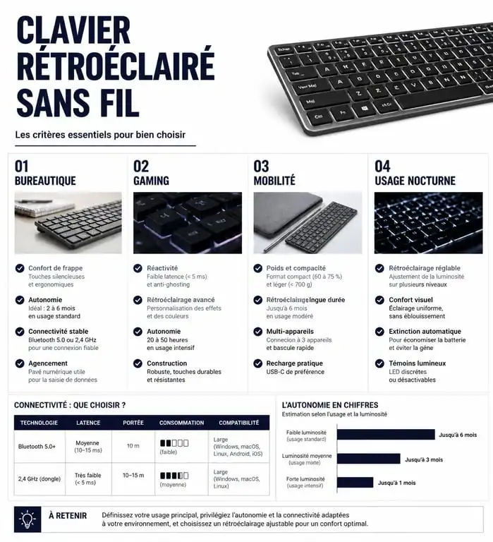 Infographie comparative des critères de choix pour un clavier rétroéclairé sans fil