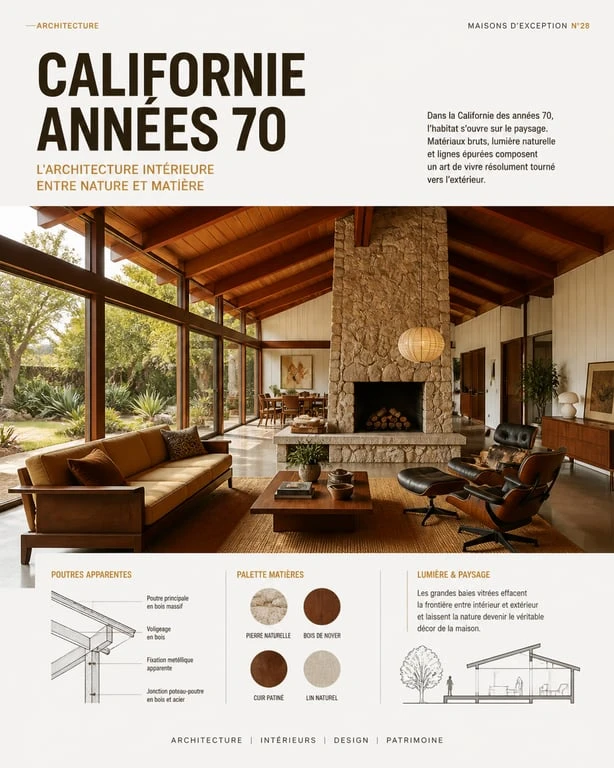 Salon de maison californienne année 70 avec poutres en bois et cheminée centrale