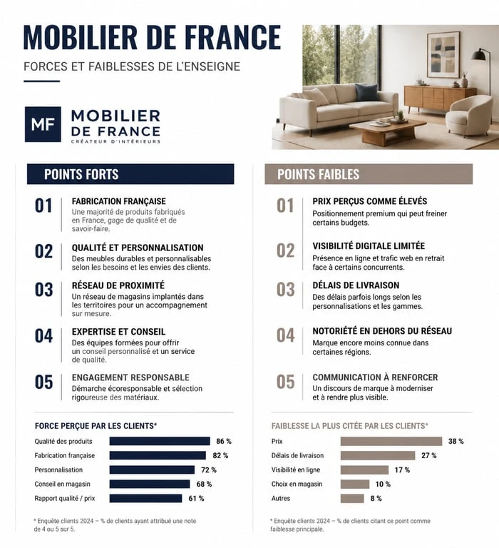 Infographie récapitulative des avis sur Mobilier de France : qualité, service après-vente et délais de livraison.