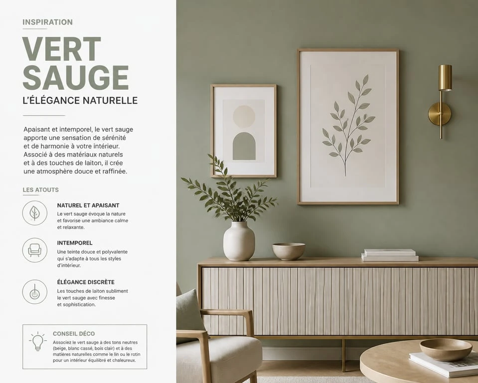Décoration murale vert sauge dans un salon moderne avec cadres en bois clair