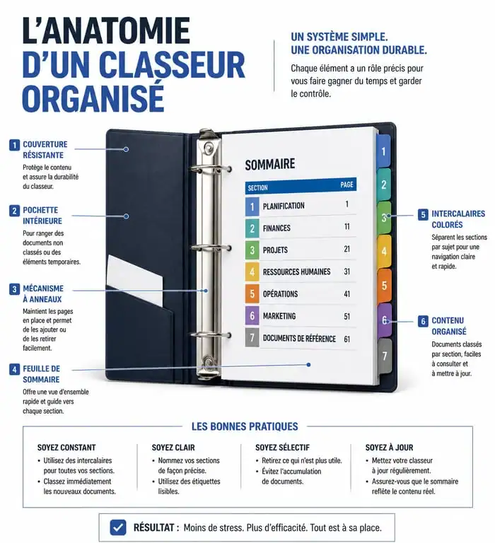 Schéma d'organisation de classeur avec intercalaires et étiquettes
