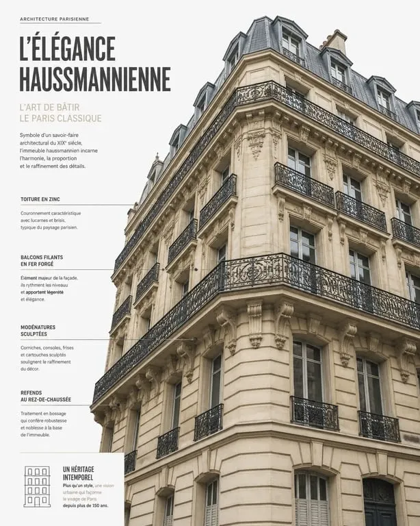 Détails architecturaux d'une façade haussmannienne à Paris avec balcon filant et pierre de taille