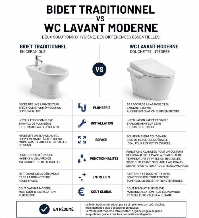 Comparatif entre bidet traditionnel et WC lavant pour une meilleure hygiène intime