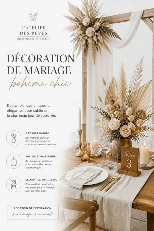 Décoration de mariage bohème chic avec fleurs séchées et matières naturelles