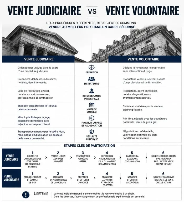 Infographie comparative des types de ventes aux enchères et étapes de participation