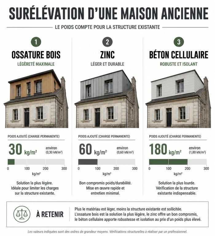 Comparatif des matériaux pour la surélévation d'une maison ancienne : bois, zinc et béton cellulaire.