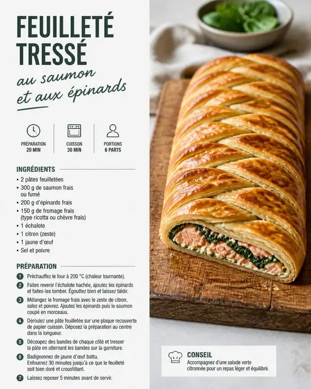 Recette de feuilleté tressé au saumon et aux épinards croustillant