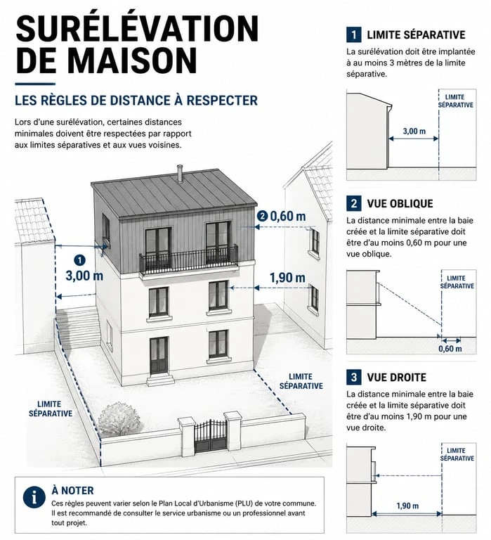 Schéma des distances légales et règles d'urbanisme pour un projet de surélévation de maison et voisinage