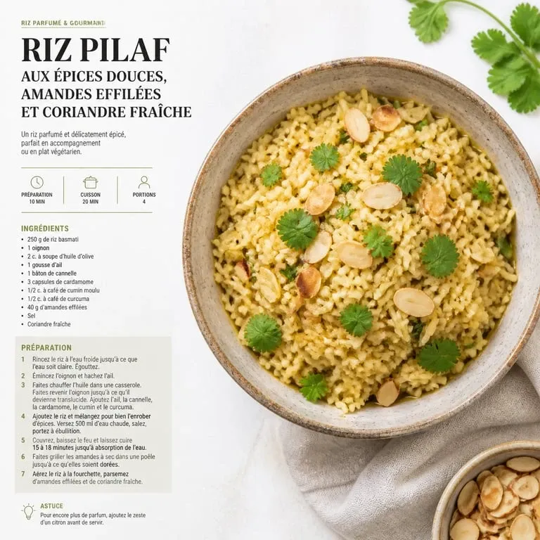 Riz pilaf aux épices douces et amandes, une recette de riz en accompagnement savoureuse
