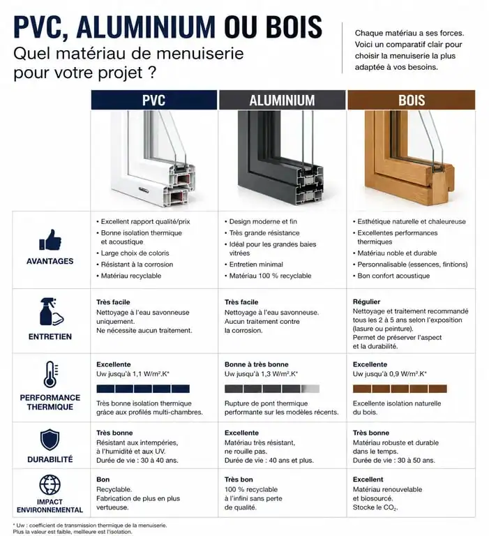 Comparatif des matériaux de menuiserie PVC, Aluminium et Bois pour toutsurlamaison.com