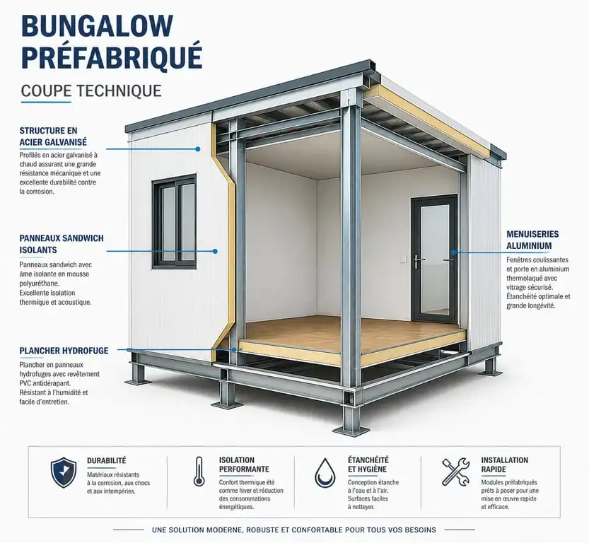 Schéma technique d'un bungalow préfabriqué avec isolation par panneaux sandwich