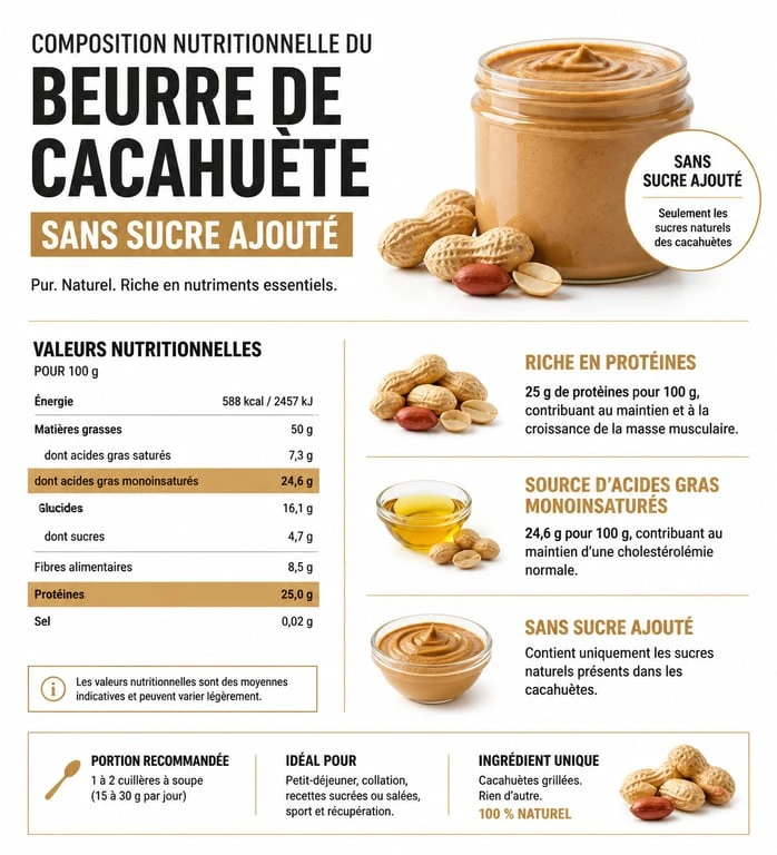 Infographie des bienfaits nutritionnels du beurre de cacahuète sans sucre