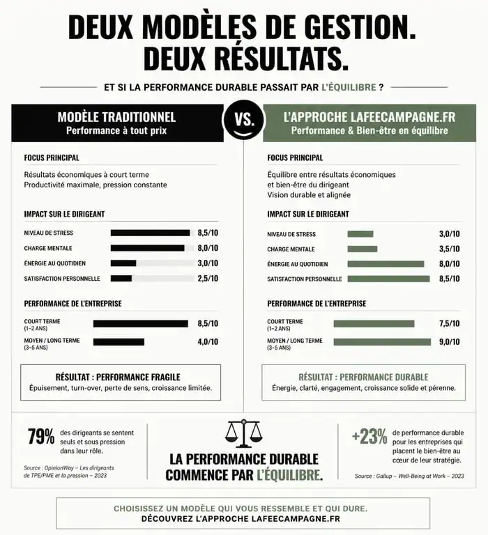 Infographie comparative : modèle traditionnel vs approche lafeecampagne.fr pour un business et bien être durable