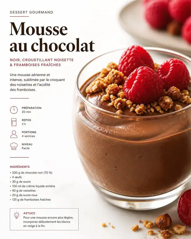 Mousse au chocolat noir accompagnée de crumble aux noisettes et framboises fraîches