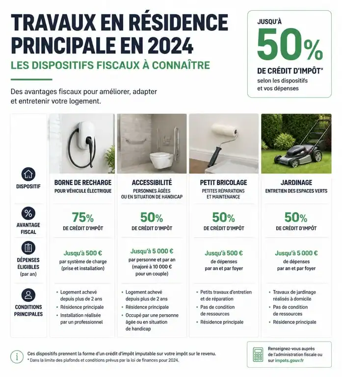 Tableau récapitulatif des aides et travaux déductibles impôts résidence principale 2024