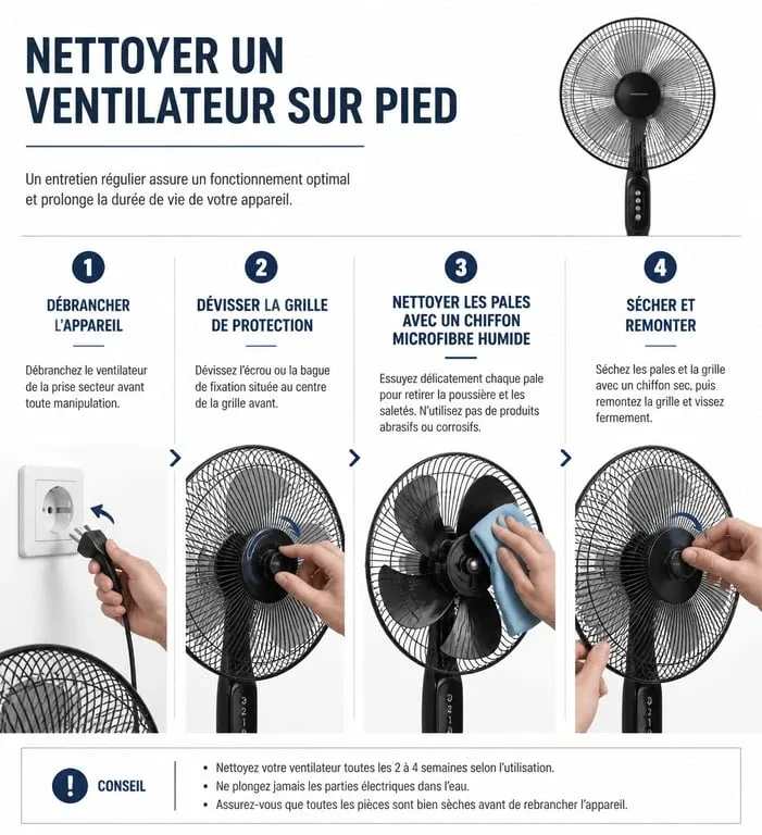 Étapes illustrées pour nettoyer un ventilateur sur pied en toute sécurité