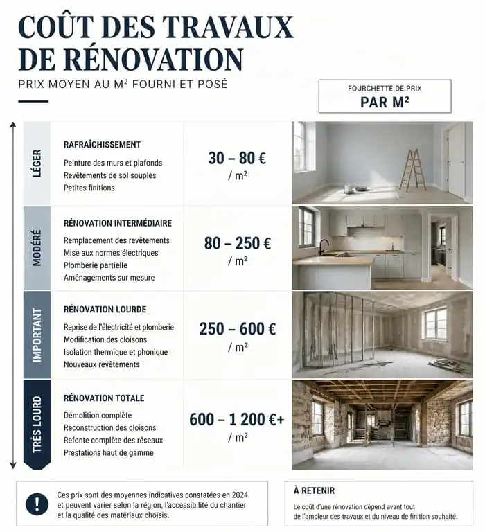 Infographie des coûts moyens de rénovation au m2 par type de travaux