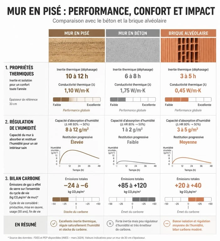 Comparatif des performances thermiques et écologiques entre le mur en pisé, le béton et la brique alvéolaire